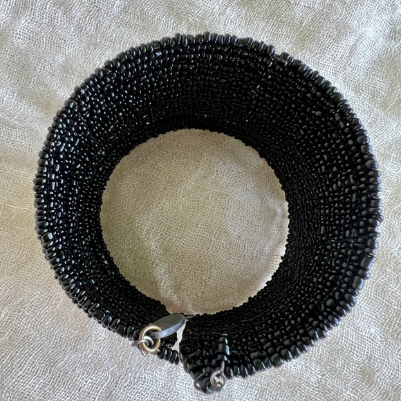 Vintage Manouk Jet Black Beaded Cuff Bracelet | 2¼″ Wide Stretch Cuff - Picture 6 of 7
